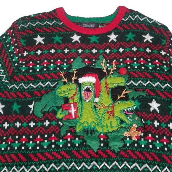 33 Degrees Santa T-Rex Dinosaur Ugly Christmas Sweater Adult Medium - Picture 1 of 11